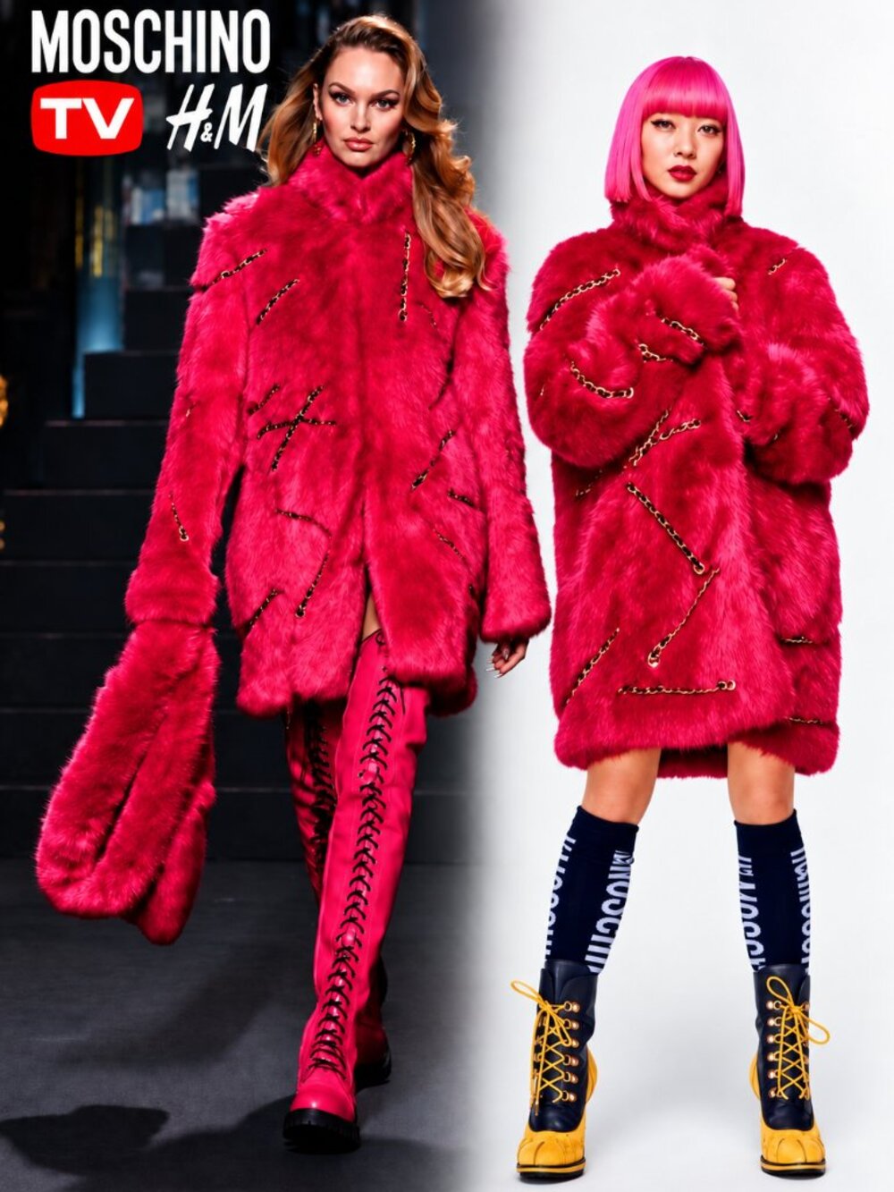💋BOMBSHELL!💋MOSCHINO X H&M Limited Edition Pink Faux Fur Chain & Leather Coat